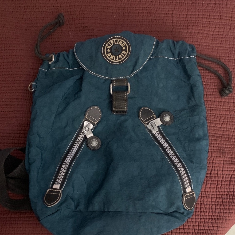 Kipling Teal Drawstring Backpack With Zipper Acce… - image 1